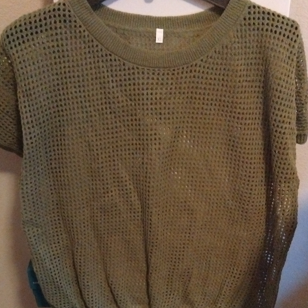 Olive Green Open-Knit Short Sleeve Sweater